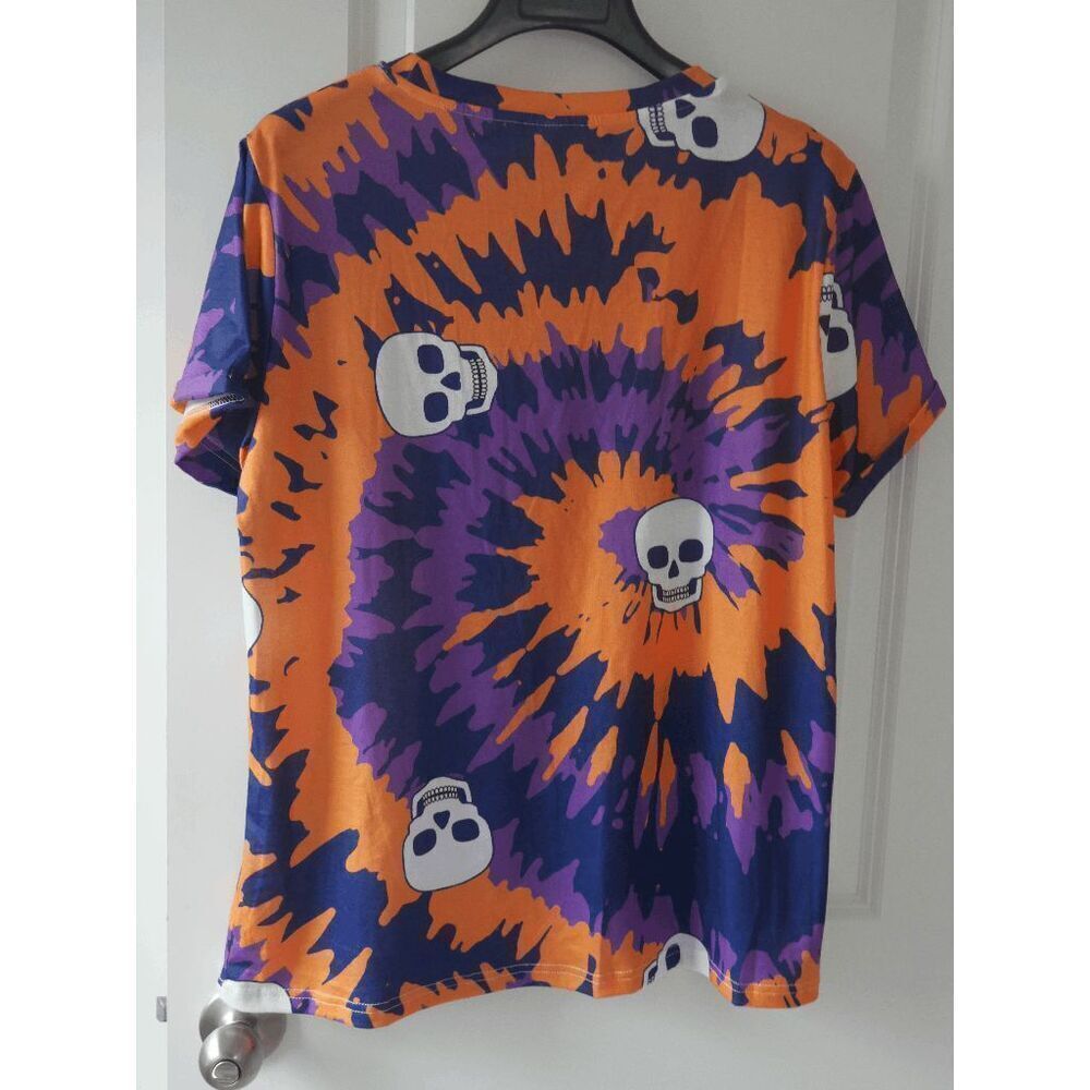 Women's Skull Print Tie-die Orange & Purple T-Shirt Size L - Picture 2 of 7